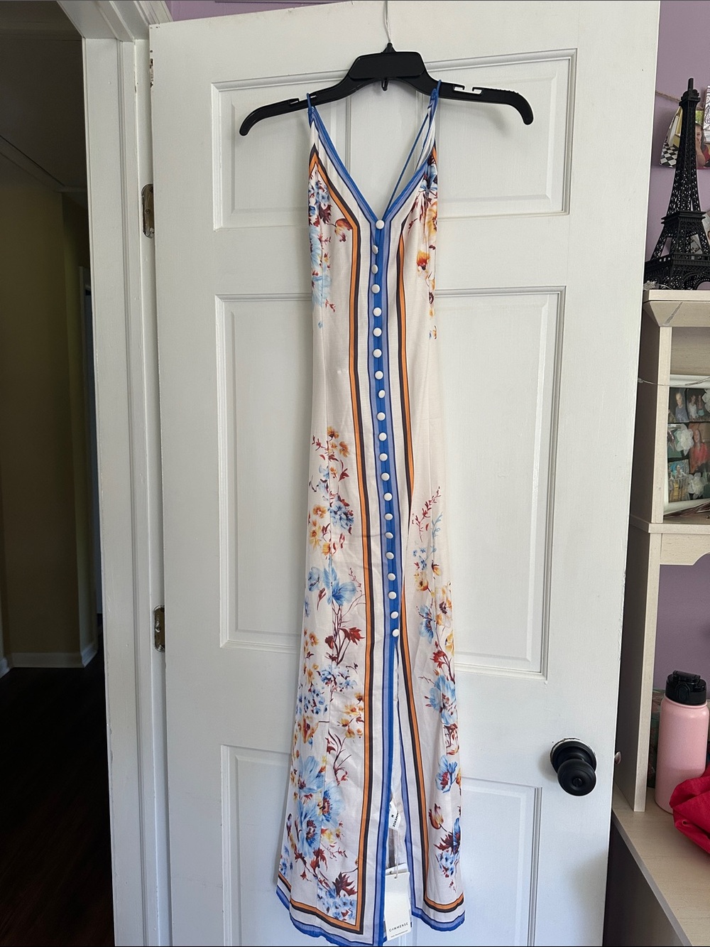 Commense Floral Maxi Dress in Cream and Blue with Tan Trim